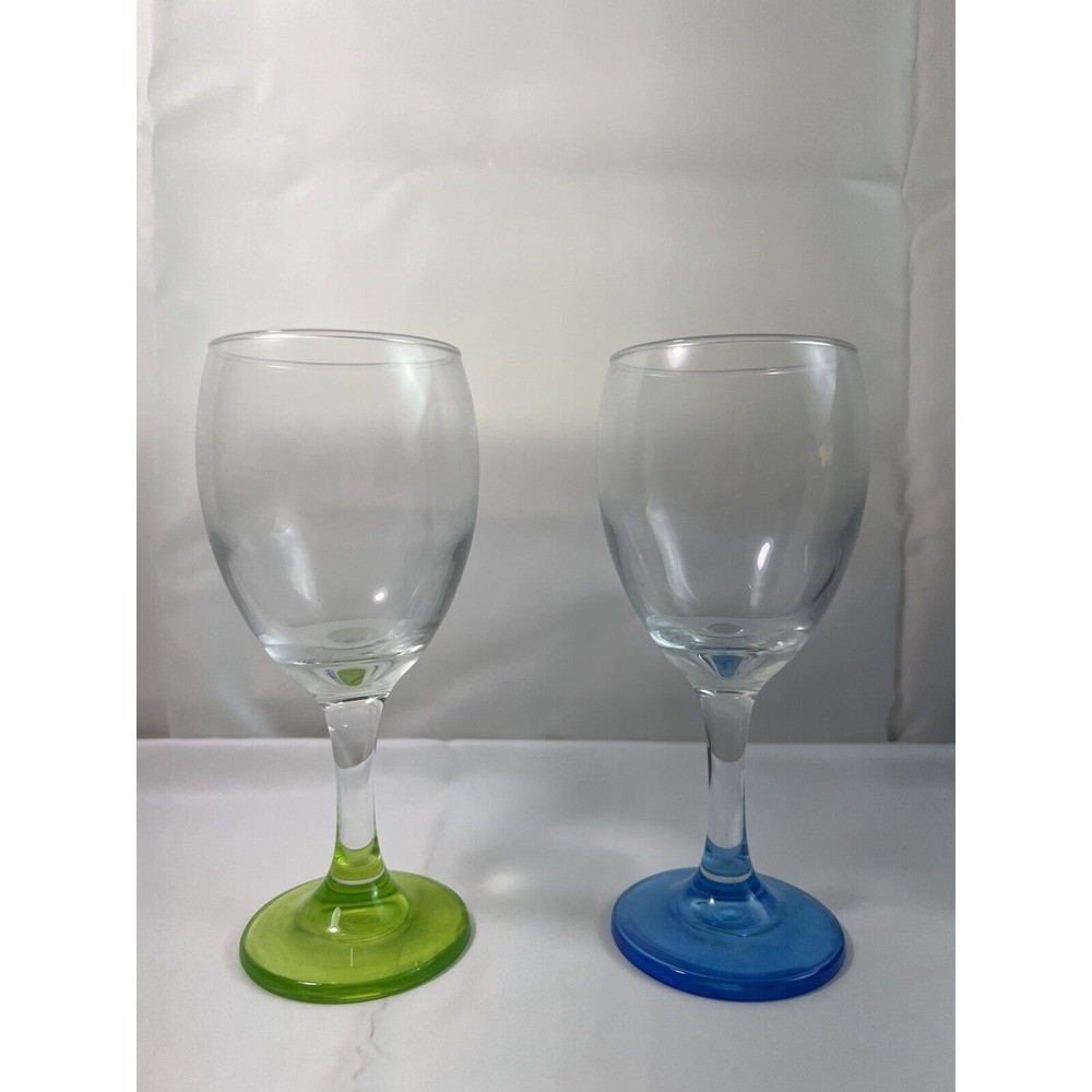2 Wine Goblets w/Lime Green & Blue  Stems&Bases 8oz, 7”‎ Tall Clear Bowls